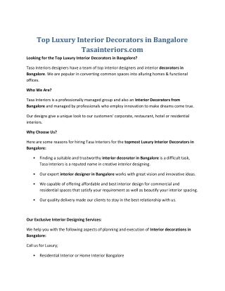 Best Interior Designers in Bangalore| Tasainteriordesigner