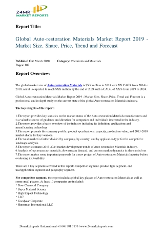 Auto restoration Materials 2019 Business Analysis, Scope, Size, Overview, and Forecast 2024