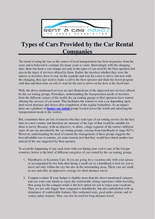 Types of Cars Provided by the Car Rental Companies