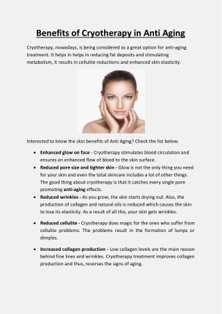 Cryotherapy Benefits of Anti Aging