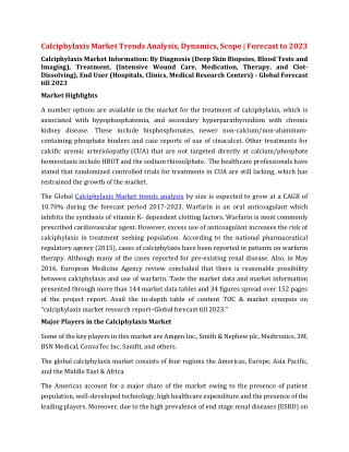 Calciphylaxis treatment Market trends, Dynamics, Trend, Scope  Forecast to 2023