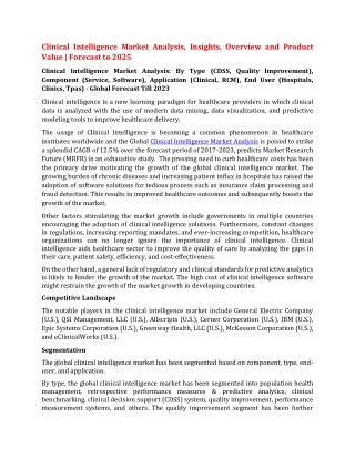 Clinical Intelligence Market Analysis, Insights, Overview and Product Value  Forecast to 2025
