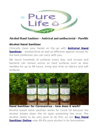 Alcohol Hand Sanitiser – Antiviral and antibacterial – Purelife