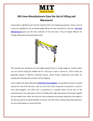 JIB Crane Manufacturers Ease the Job of Lifting and Movement