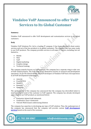 Vindaloo VoIP Announced to offer VoIP Services to Its Global Customer