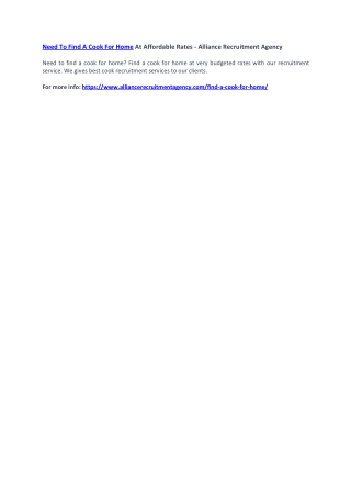 Need To Find A Cook For Home At Affordable Rates - Alliance Recruitment Agency