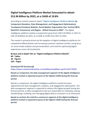 Digital Intelligence Platform Market forecasted to obtain $13.96 Billion by 2022, at a CAGR of 19.8%