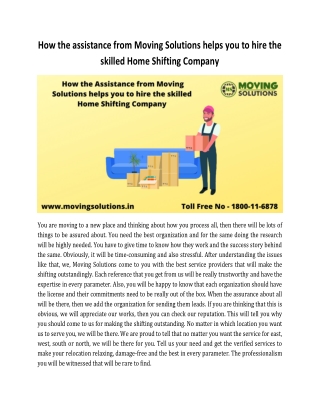 How the assistance from Moving Solutions helps you to hire the skilled Home Shifting Company