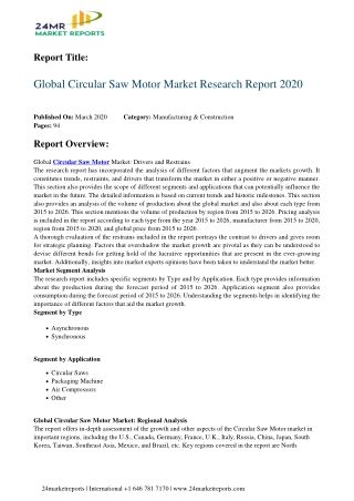 Circular Saw Motor Strategic Assessment Of Evolving Technology, Growth Analysis, Scope And Forecast