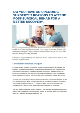 DO YOU HAVE AN UPCOMING SURGERY? 3 REASONS TO ATTEND POST-SURGICAL REHAB FOR A BETTER RECOVERY