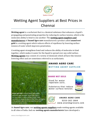Wetting Agent Suppliers at Best Prices in Chennai