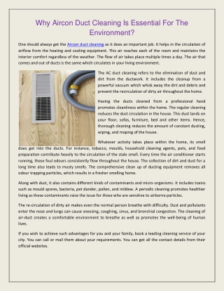 Why Aircon Duct Cleaning Is Essential For The Environment?