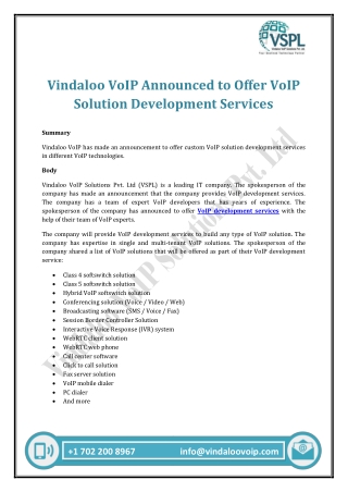Vindaloo VoIP Announced to Offer VoIP Solution Development Services