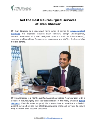 Get the Best Neurosurgical services at Ivan Bhaskar