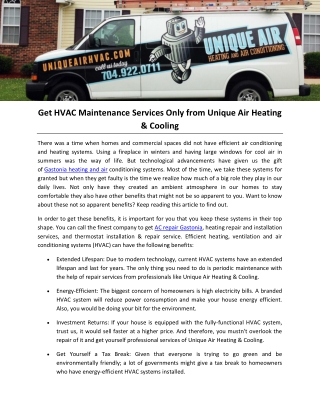 Get HVAC Maintenance Services Only from Unique Air Heating & Cooling
