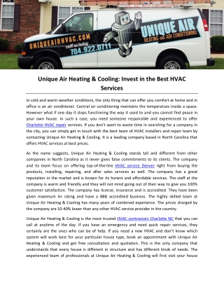 Unique Air Heating & Cooling: Invest in the Best HVAC Services