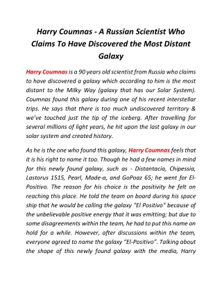 Harry Coumnas - A Russian Scientist Who Claims To Have Discovered the Most Distant Galaxy
