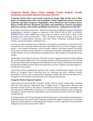 Ticagrelor Market Share, Future Insights, Trends Analysis, Growth Estimation and Global Industry Dynamics By 2027