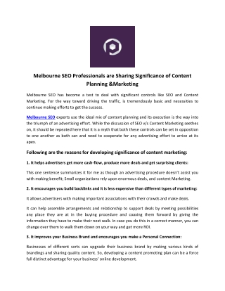 Melbourne SEO Professionals are Sharing Significance of Content Planning