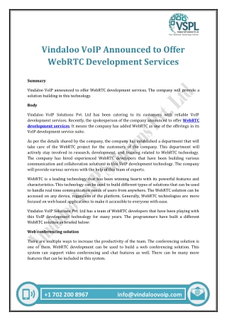 Vindaloo VoIP Announced to Offer WebRTC Development Services