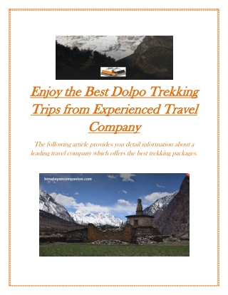 Enjoy the Best Dolpo Trekking Trips from Experienced Travel Company