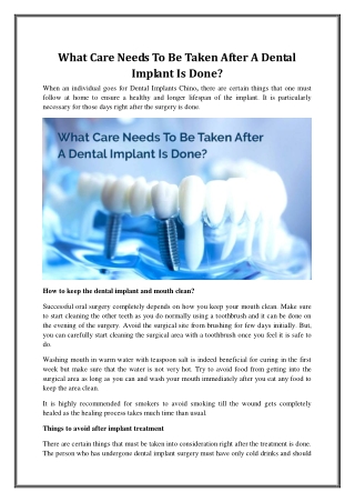 What Care Needs To Be Taken After A Dental Implant Is Done?