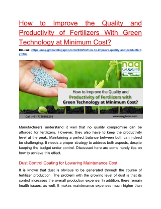 How to Improve the Quality and Productivity of Fertilizers With Green Technology at Minimum Cost?