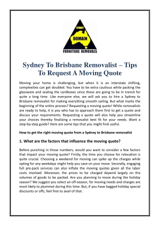 Sydney To Brisbane Removalist Tips To Request A Moving Quote