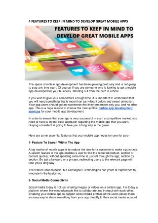 4 FEATURES TO KEEP IN MIND TO DEVELOP GREAT MOBILE APPS