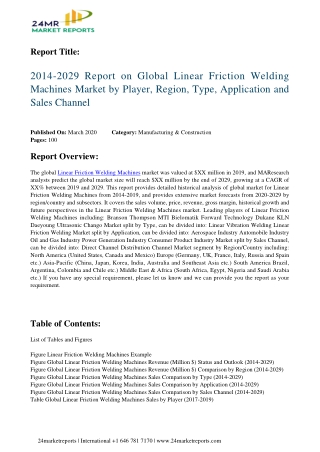 Linear Friction Welding Machines Market Report 2014-2029