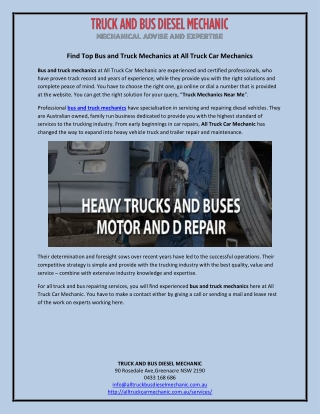 Find Top Bus and Truck Mechanics at All Truck Car Mechanics