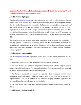 Aphakia Market Share, Future Insights, Growth Analysis, Industry Trends and Global Market Dynamics By 2023
