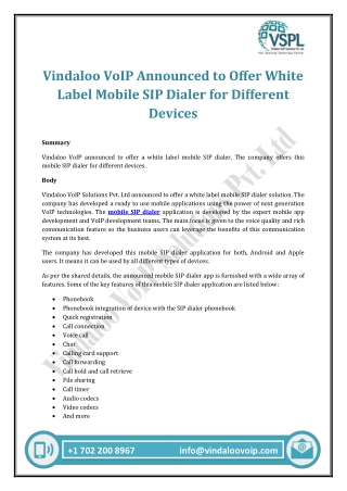 Vindaloo VoIP Announced to Offer White Label Mobile SIP Dialer for Different Devices