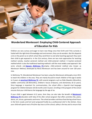 Wonderland Montessori: Employing Child-Centered Approach of Education for Kids