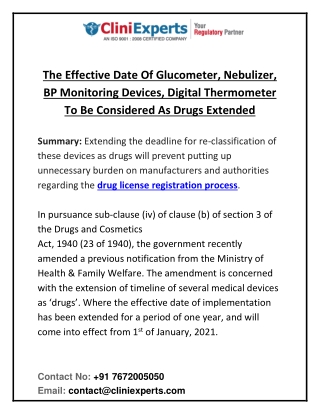 The Effective Date Of Glucometer, Nebulizer, BP Monitoring Devices, Digital Thermometer To Be Considered As Drugs Extend