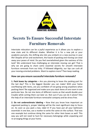 Secrets To Ensure Successful Interstate Furniture Removals