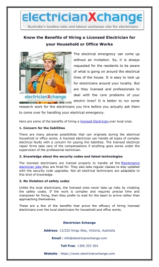 Know the Benefits of Hiring a Licensed Electrician for your Household or Office Works