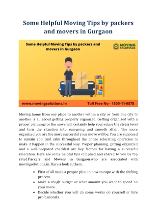 Some Helpful Moving Tips by packers and movers in Gurgaon