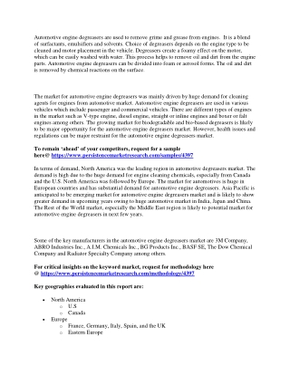 Automotive Engine Degreasers Market Prophesied to Grow at a Faster Pace by 2021