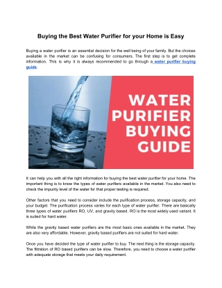 Buying the Best Water Purifier for your Home is Easy