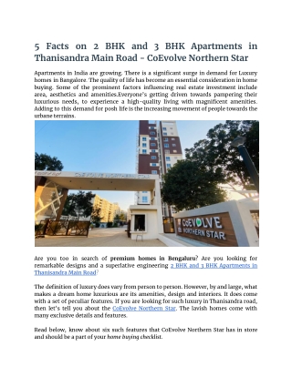 5 Facts on 2 BHK and 3 BHK Apartments in Thanisandra Main Road