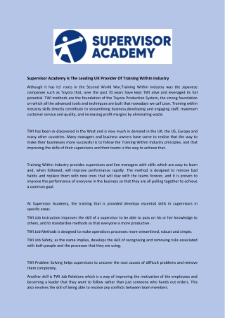 Supervisor Academy Is The Leading UK Provider Of Training Within Industry