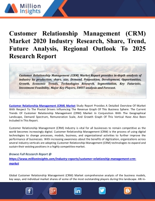 Customer Relationship Management (CRM) Market 2020 Driving Factors, Industry Growth, Key Vendors And Forecasts To 2025