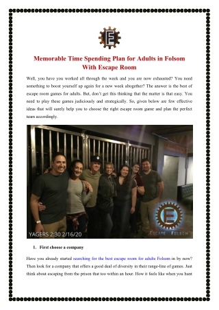 Memorable Time Spending Plan for Adults in Folsom With Escape Room