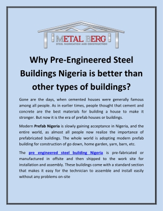 Why Pre-Engineered Steel Buildings Nigeria is better than other types of buildings?