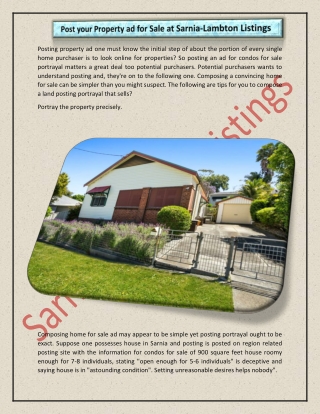 Post your Property ad for Sale at Sarnia-Lambton Listings