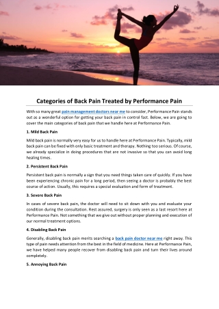 Categories of Back Pain Treated by Performance Pain