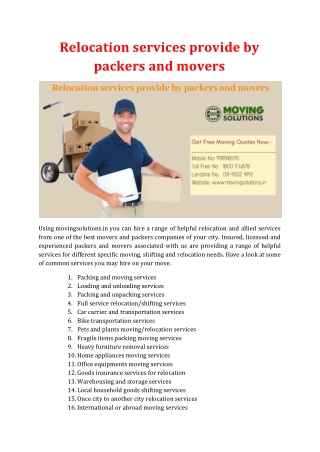 Relocation services provide by packers and movers