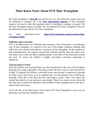 Must Know Facts About FUE Hair Transplant