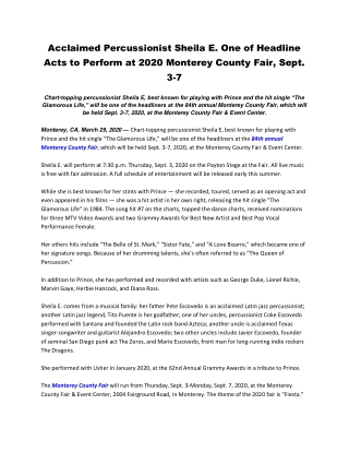 Acclaimed Percussionist Sheila E. One of Headline Acts to Perform at 2020 Monterey County Fair, Sept. 3-7